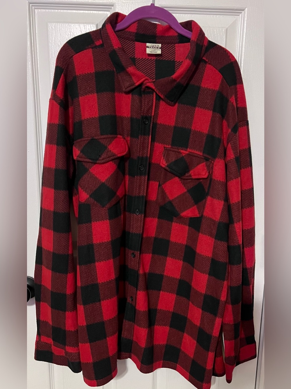 Open Trails Buffalo Plaid Fleece Shirt Jacket Red Black Men’s 2XL Button Front